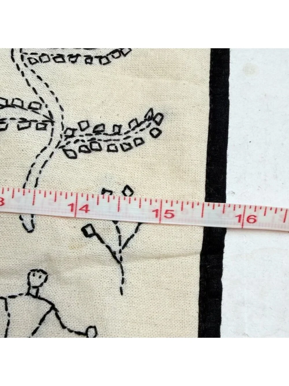 Hand Embroidered Square Pillow Cover Farmhouse People Animals Trees Floral Black